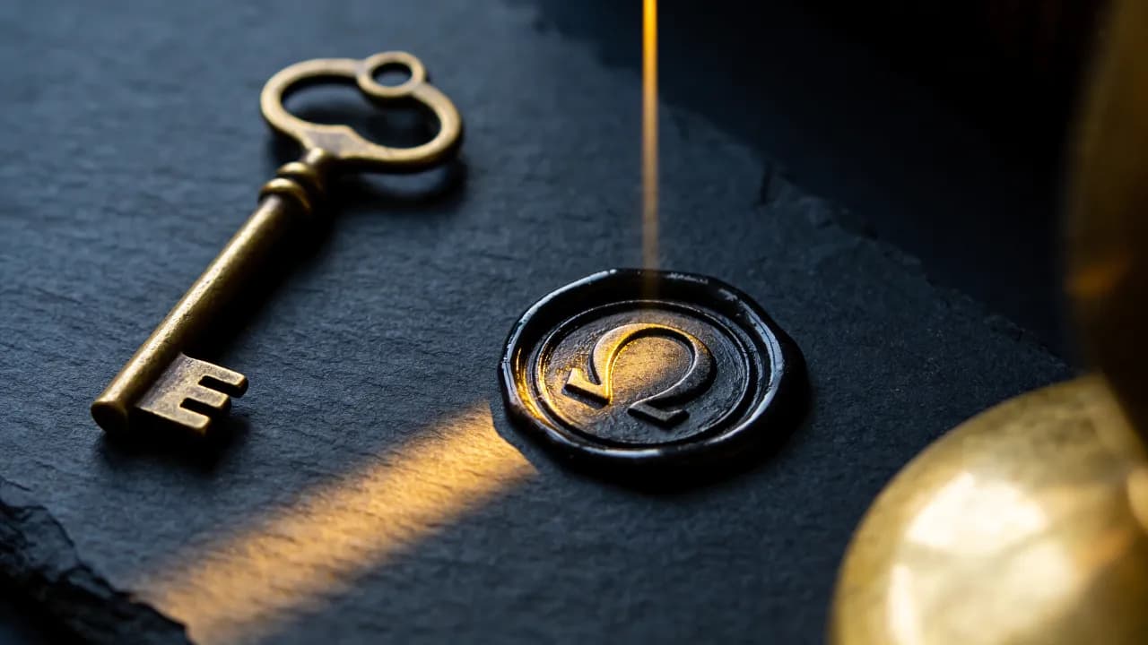 A brass key beside a black wax seal stamped with an omega