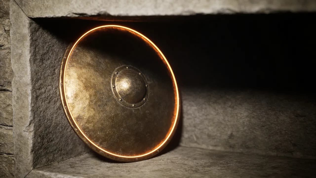 A bronze shield resting in a stone niche