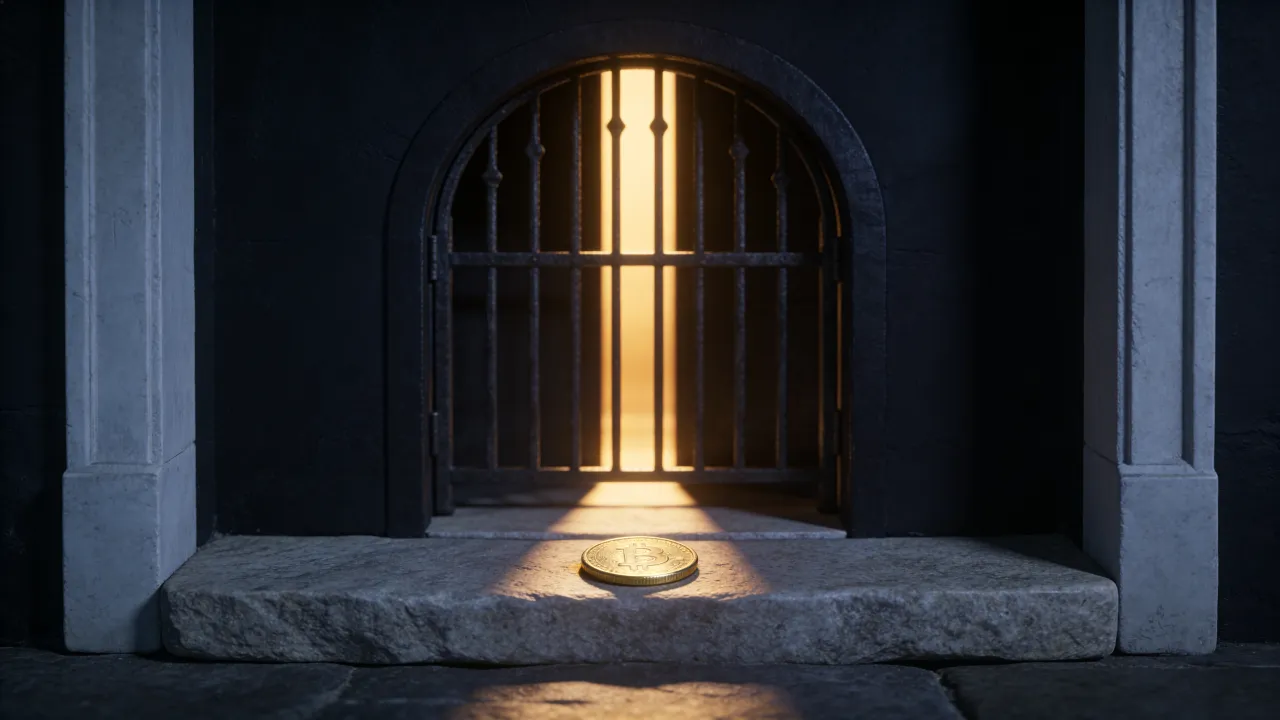 A gold coin on a stone step before a barred gate, light pouring through