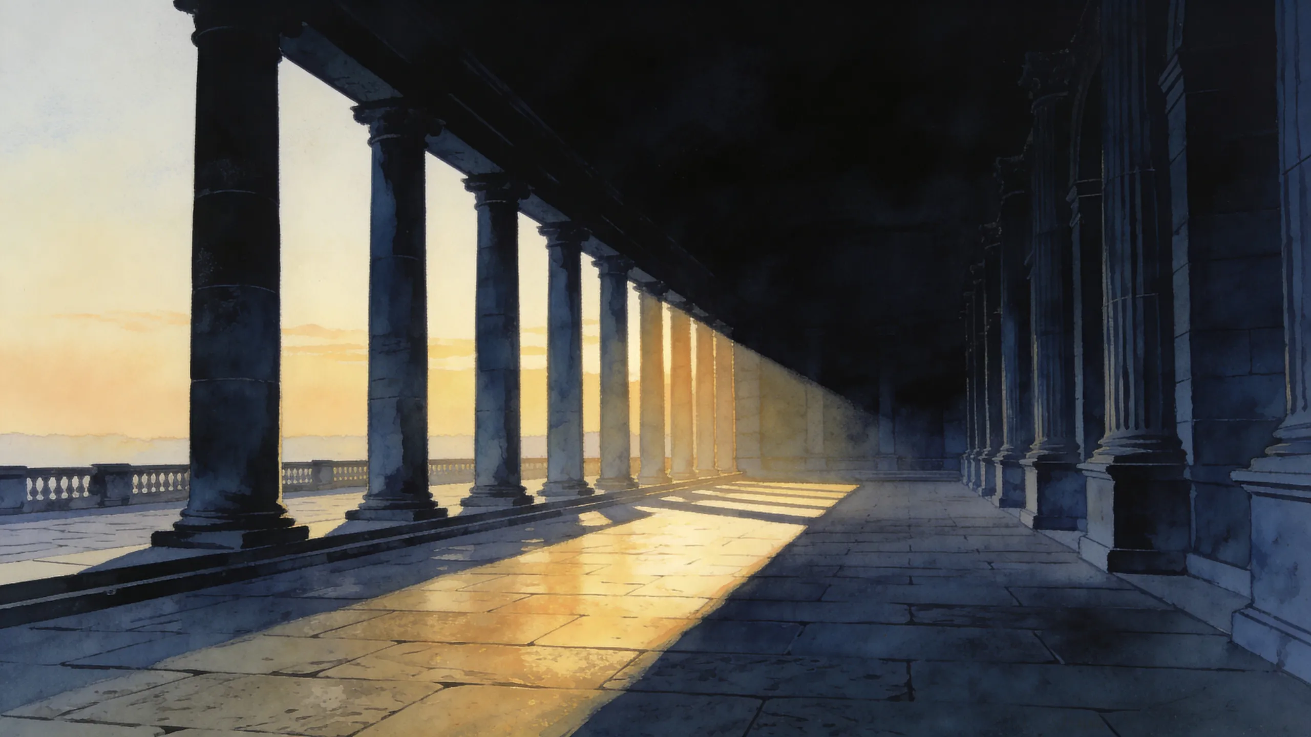 A colonnade terrace at sunrise, full light across the stone
