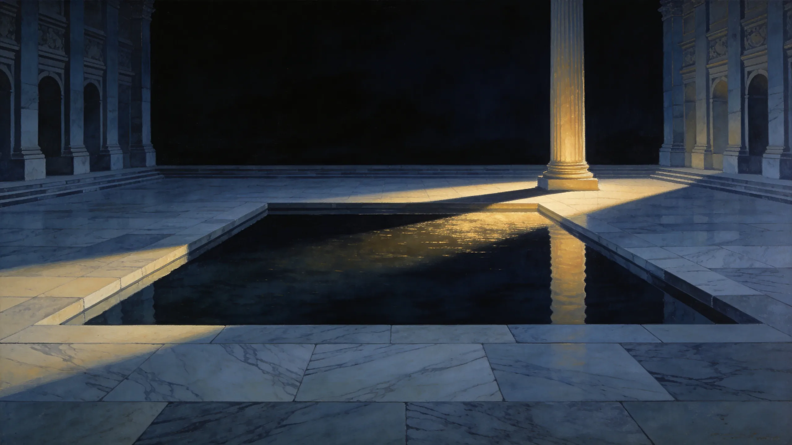 A dark reflecting pool in a marble courtyard, gold light held in still water